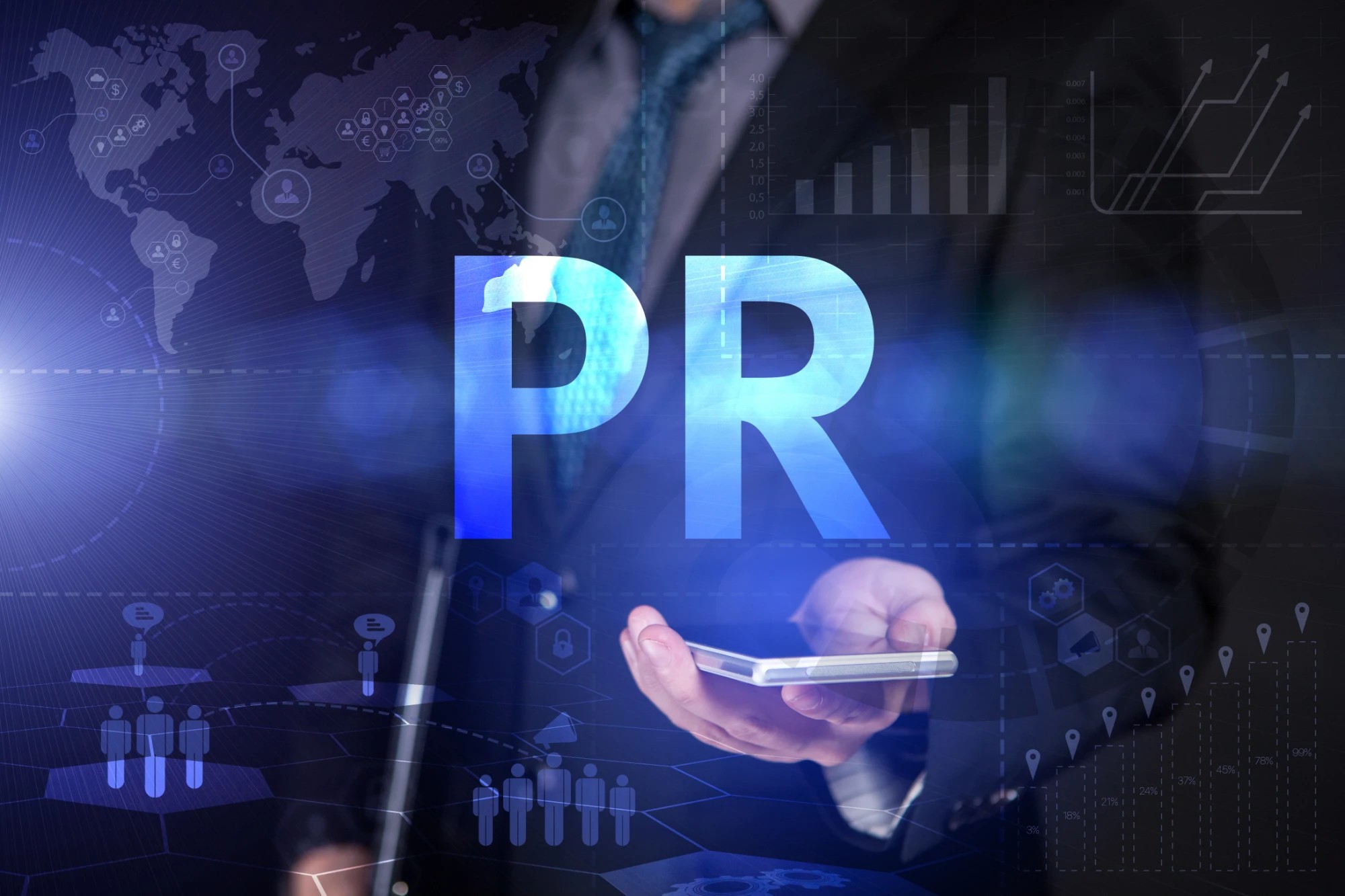 The letters PR glowing over a businessperson holding a phone, surrounded by media and data icons